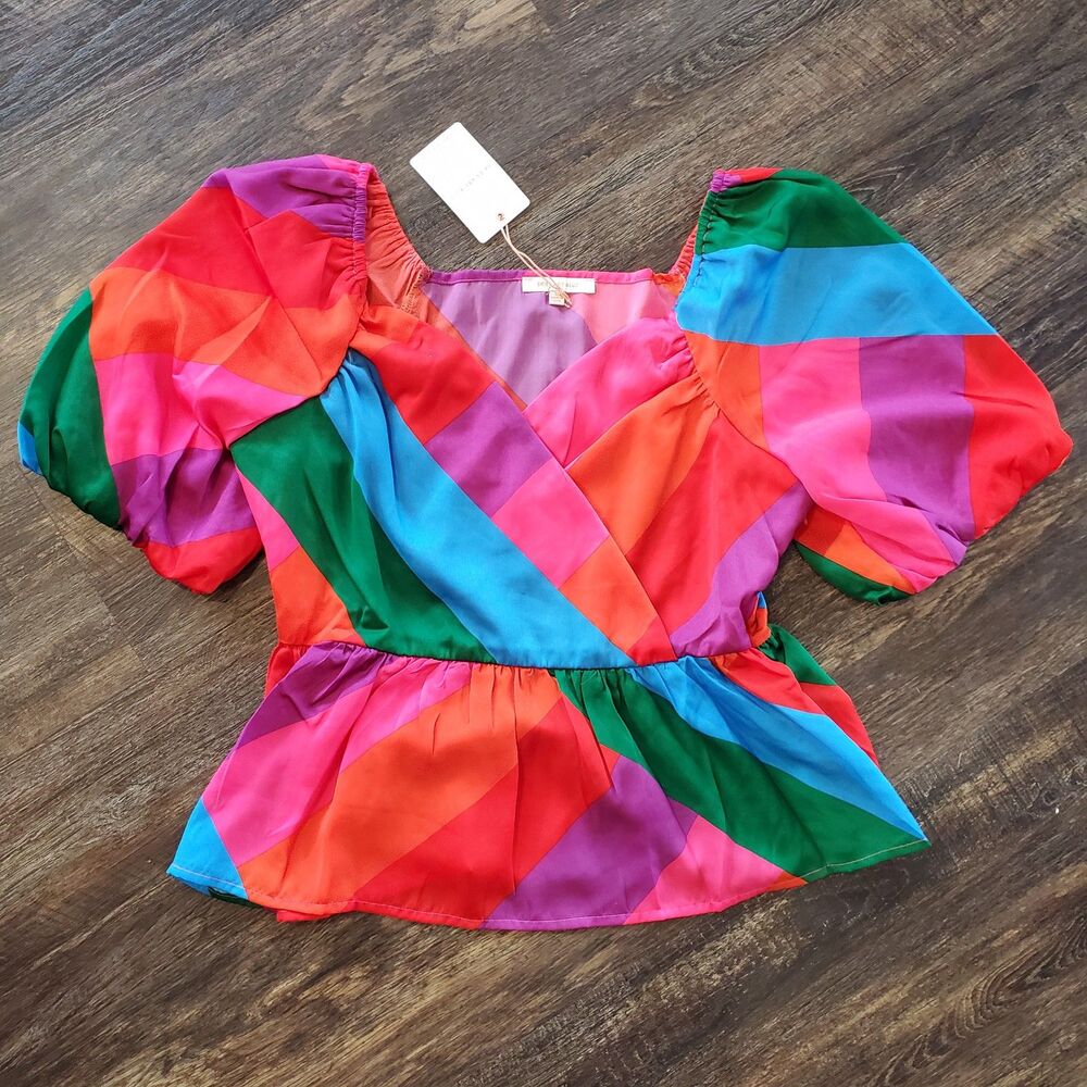 NWT Skies are Blue Size Medium Rainbow Stripe Puffed Sleeves Top